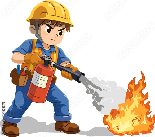 worker with fire extinguisher safety drill