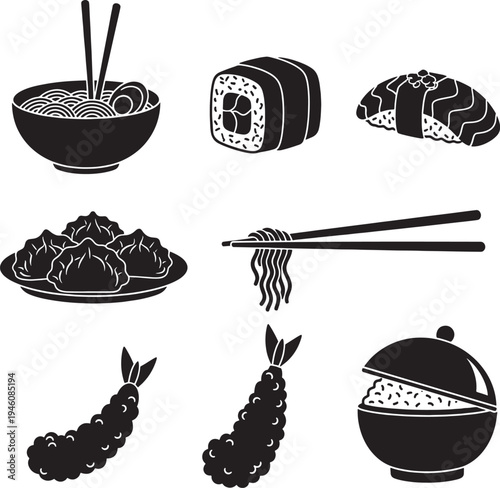 Black and white sushi and noodle noodles chopsticks bowl plate