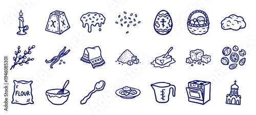 Hand-drawn Orthodox Easter traditions and baking ingredients. Rustic naive doodle illustrations of Paska cake, decorated eggs, willow branches and church symbols.