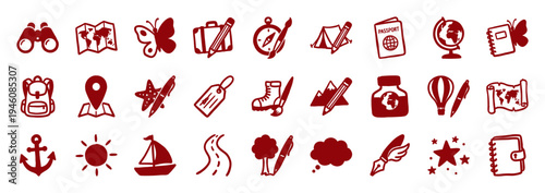 Hand-drawn travel and adventure elements with rustic doodle aesthetic. Naive marker sketch illustrations featuring vacation and exploration concepts.