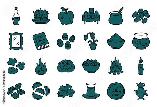 Persian New Year Nowruz elements with Haft-Sin table symbols. Rustic hand-drawn marker sketch illustrations for Iranian spring festival celebrations.