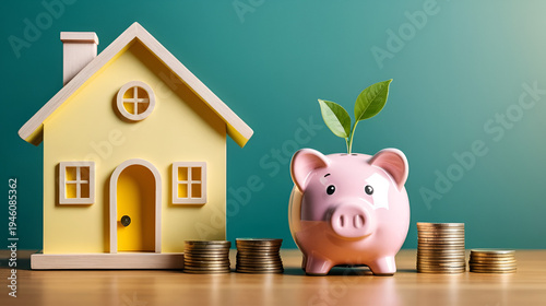 first time homebuyer concept. Financial growth concept with piggy bank, coins, and house model.