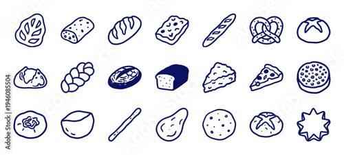 Hand-drawn bakery and bread assortment for rustic food branding. Naive navy blue marker sketch illustrations featuring artisan loaf and pastry concepts.