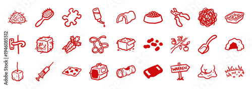 Hand-drawn rabbit care and small pet ownership elements for organic branding. Rustic naive marker sketch illustrations of bunny supplies and habitat.