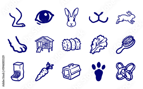 Hand-drawn rabbit care and bunny lifestyle elements for organic pet brand identity. Rustic, naive marker sketch illustrations featuring domestic rabbit concepts.