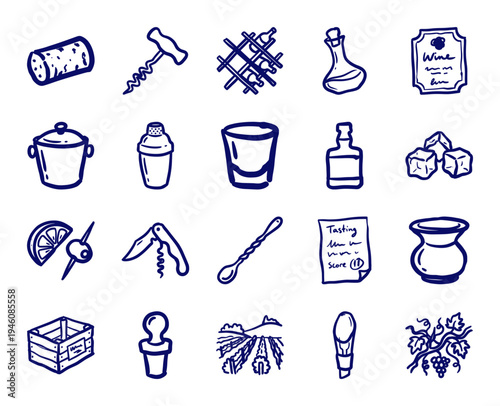 Hand-drawn wine and cocktail preparation elements with rustic naive marker sketch aesthetics for organic winery branding and menu design.
