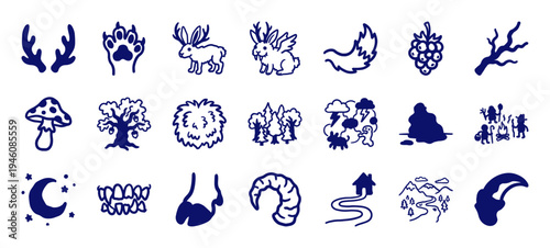 Mystical forest folklore and wilderness elements in a naive blue ink doodle style. Rustic hand-drawn mythical creatures, nature symbols, and camping graphics.