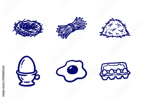 Rustic hand-drawn egg and farm elements for organic food branding. Naive marker sketch illustrations featuring poultry and breakfast concepts.