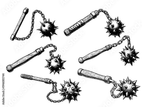 Medieval Flail Spiked Weapon Engraving Illustration