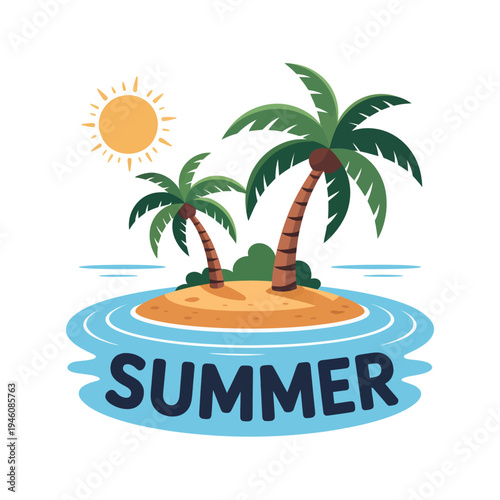 A colorful cartoon illustration of a tropical island with palm trees and the word SUMMER written in the water