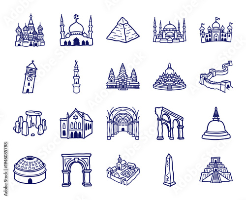 Hand-drawn world landmarks and religious architecture in a rustic marker sketch style. Naive doodle monuments for travel branding and educational design.