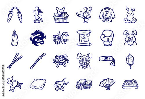 Martial arts rabbit and dojo elements for organic brand identity. Rustic, naive marker sketch illustrations featuring karate and zen concepts.