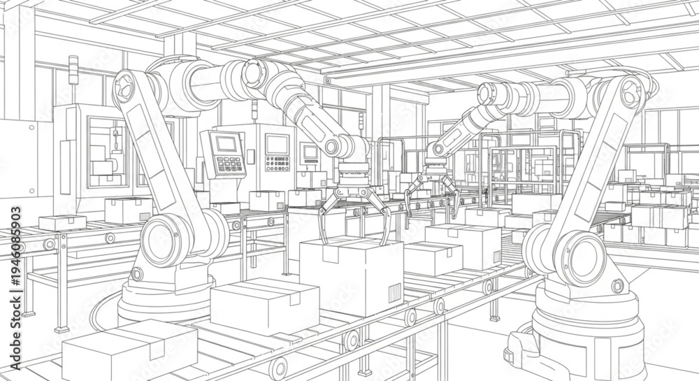 Obraz premium Industrial automated factory scene with robotic arms assembling boxes on a conveyor belt, blueprint style vector illustration.