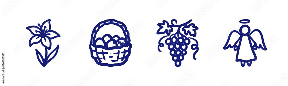 Obraz premium Hand-drawn religious and nature symbols featuring lily flower, easter basket, grapes, and angel. Rustic naive marker sketch for spiritual branding.