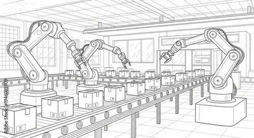 Line art illustration of industrial robotic arms working on a conveyor belt assembly line in a factory warehouse.