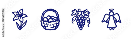 Hand-drawn religious and nature symbols featuring lily flower, easter basket, grapes, and angel. Rustic naive marker sketch for spiritual branding.