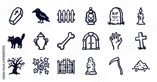 Hand-drawn cemetery and spooky halloween elements for gothic brand identity. Rustic, naive marker sketch illustrations featuring graveyard concepts.