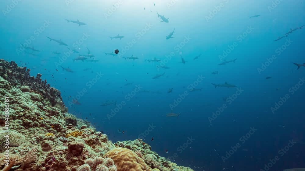 custom made wallpaper toronto digitalLarge numbers of Grey Reef Sharks swim in open water of Palau's shark sanctuary