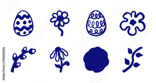 Hand-drawn spring easter and floral elements for organic brand identity. Rustic naive marker sketch illustrations featuring eggs and blossoms.