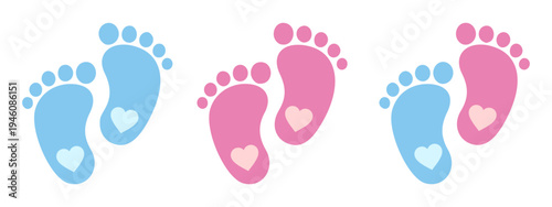 Baby footsteps vector illustration set - pairs of pink and blue footprints in flat style. File in SVG format