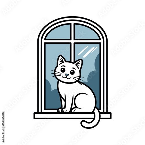 A white cartoon cat sitting on a windowsill looking outside