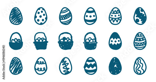 Hand-drawn Easter eggs and baskets for festive spring branding. Rustic naive marker sketch illustrations featuring seasonal holiday celebration concepts.