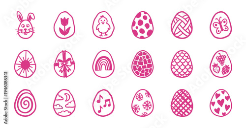 Hand-drawn Easter egg doodle elements with naive marker sketch style. Rustic pink holiday illustrations featuring rabbits, chicks, and spring floral patterns.