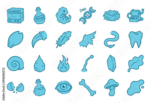 Hand-drawn scientific and fantasy alchemy elements for organic brand identity. Rustic, naive marker sketch illustrations featuring biology and magic concepts.