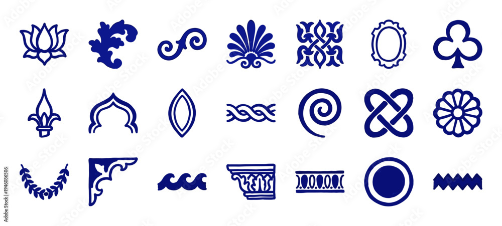 Fototapeta premium Hand-painted blue ink architectural motifs and classical ornaments. Rustic Mediterranean indigo doodle elements for traditional tile and textile design.