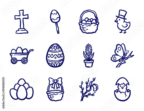 Easter holiday hand-drawn doodles for seasonal branding and stationery. Rustic naive marker sketch illustrations featuring eggs, bunnies, and spring nature.