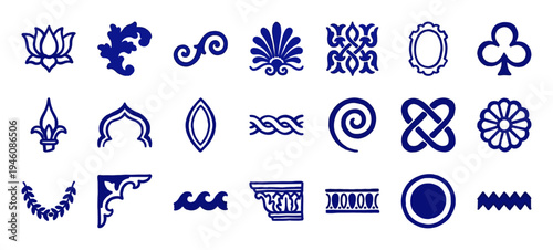 Hand-painted blue ink architectural motifs and classical ornaments. Rustic Mediterranean indigo doodle elements for traditional tile and textile design.