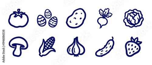 Hand-drawn garden vegetables and organic produce elements for farm-to-table branding. Naive marker sketch illustrations featuring rustic harvest concepts.
