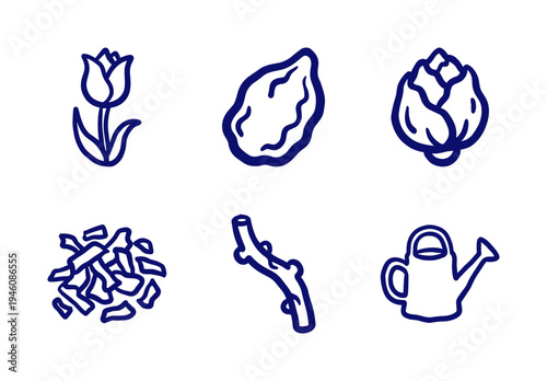 Hand-drawn gardening and botanical elements for organic brand identity. Rustic, naive marker sketch illustrations featuring spring planting concepts.