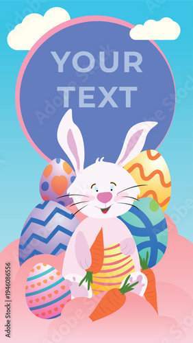 Vertical illustration of a rabbit with Easter eggs and carrots, with copy space, among the clouds.
