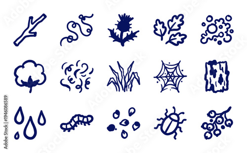 Hand-drawn forest floor and woodland nature elements for organic brand identity. Rustic, naive marker sketch illustrations of botanical and wildlife concepts.