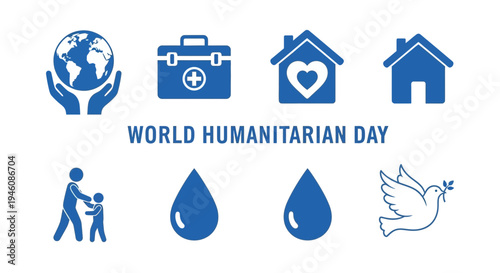 Blue icons representing global care medicine shelter aid water and peace below text