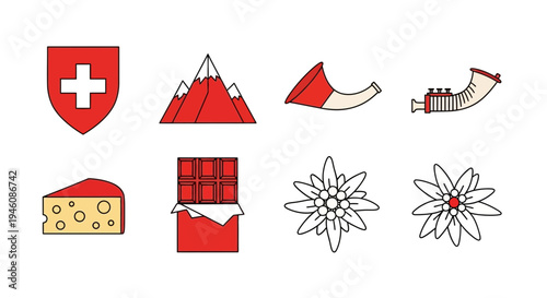 Eight red and white icons representing Swiss culture and symbols
