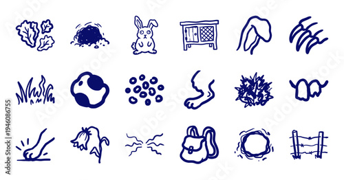 Hand-drawn rabbit care and backyard farming elements in a crude marker sketch style. Rustic naive doodle illustrations of bunnies, hutches, and garden nature.