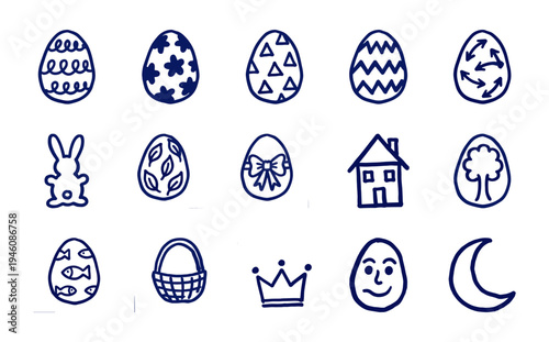 Hand-drawn Easter holiday and spring season elements with naive marker sketch aesthetic. Rustic, crude blue ink doodles featuring eggs, bunny, and nature.