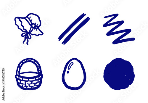 Hand-drawn rustic easter and spring elements for organic brand identity. Naive marker sketch illustrations featuring bonnet, basket, and egg.