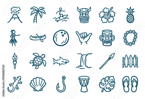 Hand-drawn tropical island and tiki culture elements for organic brand identity. Rustic, naive marker sketch illustrations featuring Hawaiian vacation concepts.