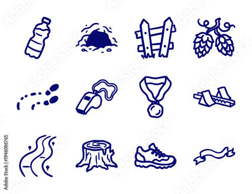 Outdoor trail running and cross country racing elements for organic brand identity. Rustic, naive marker sketch illustrations featuring woodland athletics concepts.