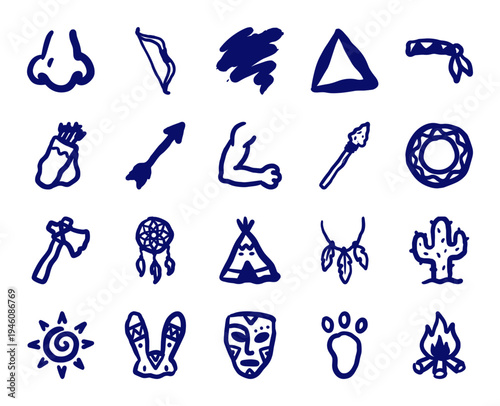Indigenous tribal culture elements and wilderness survival tools in a crude marker sketch style. Naive hand-drawn nomadic symbols and rustic ethnic motifs.