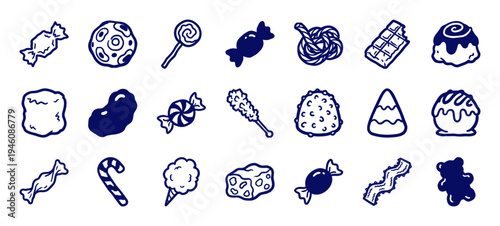 Hand-drawn confectionery and sweet treats for organic food branding. Naive marker sketch illustrations featuring candy, chocolate, and bakery snacks.