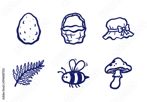 Hand-drawn nature and garden elements in a rustic naive doodle style. Blue ink marker sketch featuring bee, mushroom, fern, and basket icons.