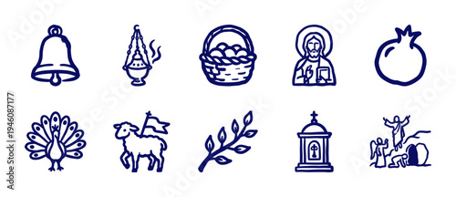 Orthodox Christian liturgical elements and Easter symbols in a naive marker sketch style. Rustic hand-drawn spiritual icons for religious branding.