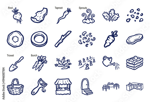 Hand-drawn vegetable garden and farm-to-table culinary elements for organic brand identity. Rustic, naive marker sketch illustrations of root crops and harvesting.