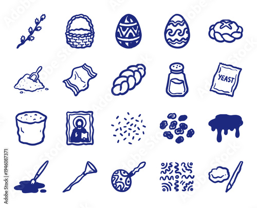 Orthodox Easter traditions and baking ingredients in a rustic blue ink doodle style. Naive hand-drawn illustrations featuring pascha bread, eggs, and pussy willow.