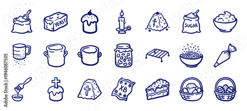 Orthodox Easter baking and holiday traditions in a naive hand-drawn doodle style. Rustic marker sketch illustrations of Kulich cake, Paskha, and festive eggs.