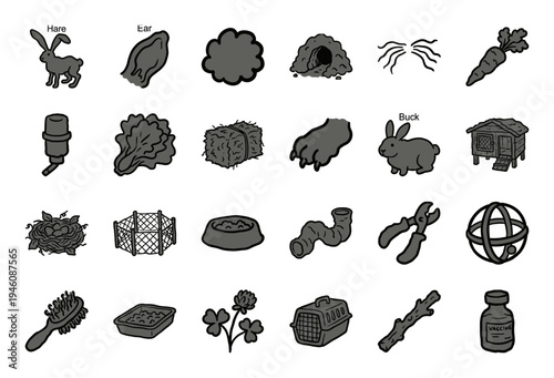 Rabbit care and lagomorph biology elements for pet ownership branding. Rustic hand-drawn charcoal sketches featuring bunny housing and diet.